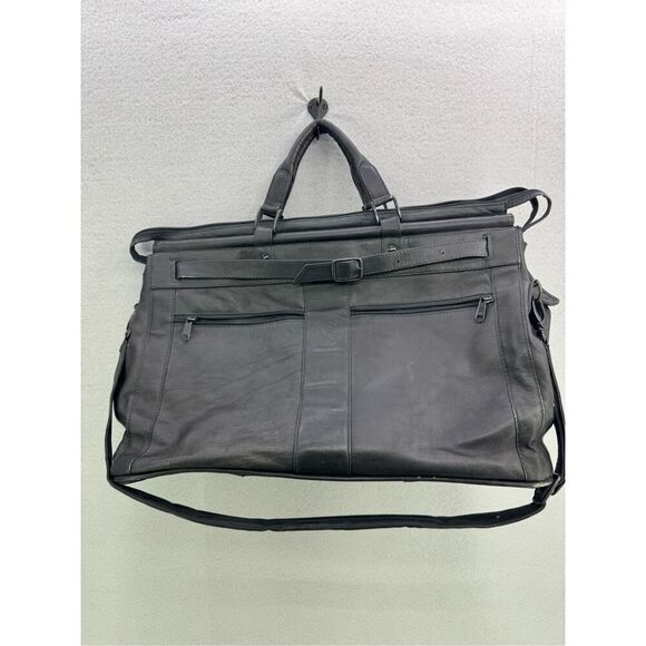 Unbranded Top Grain Leather Black Buckled Carpet Bag Duffle Bag - Picture 10 of 10